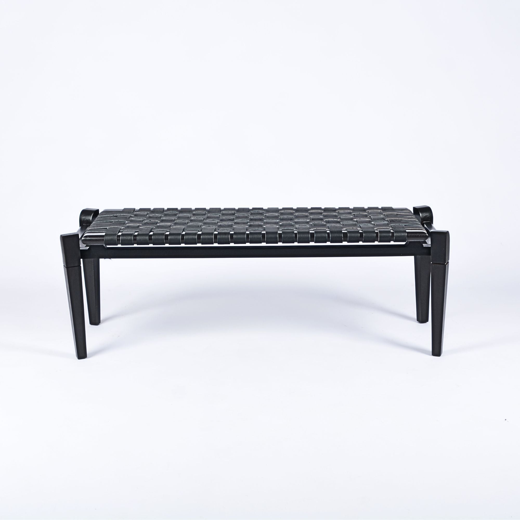 Solveig Woven Leather Bench Black Teak Wood Side View - LuxoraCraft