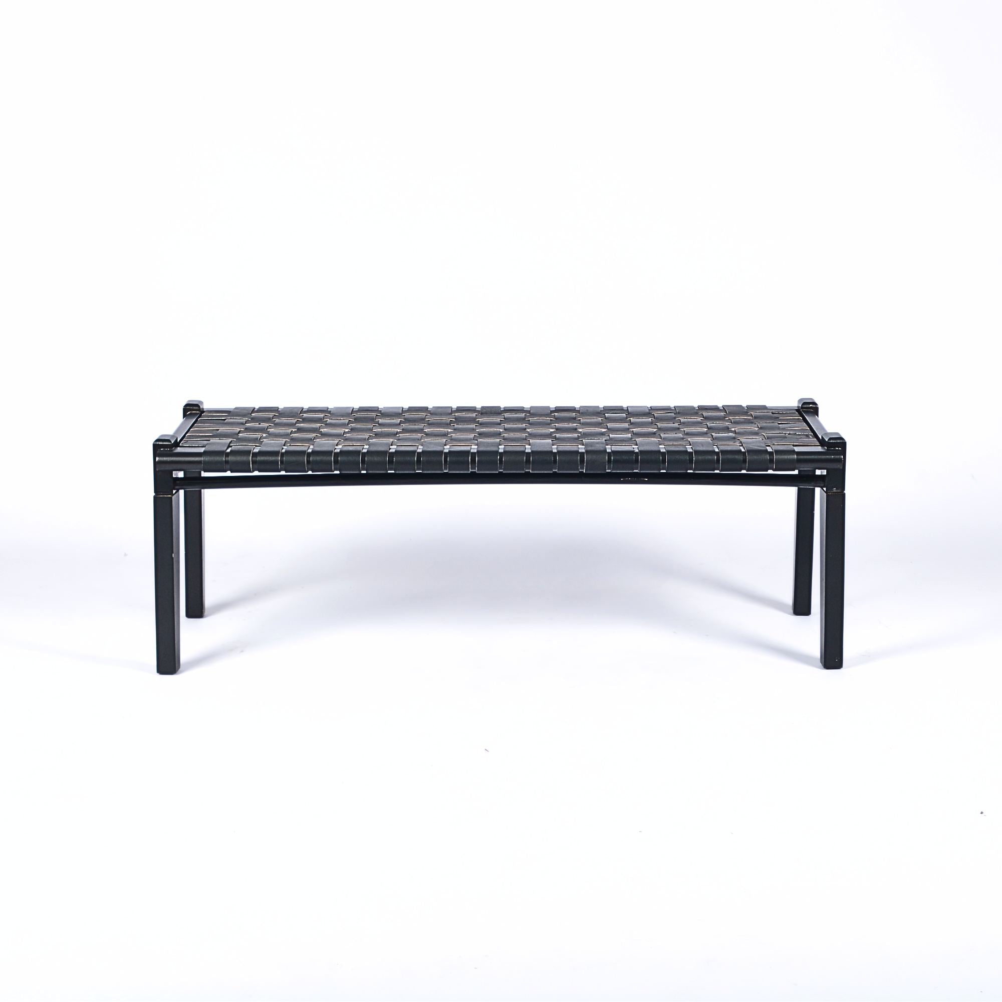 Solveig Woven Black Leather Bench Black Teak Frame - LuxoraCraft