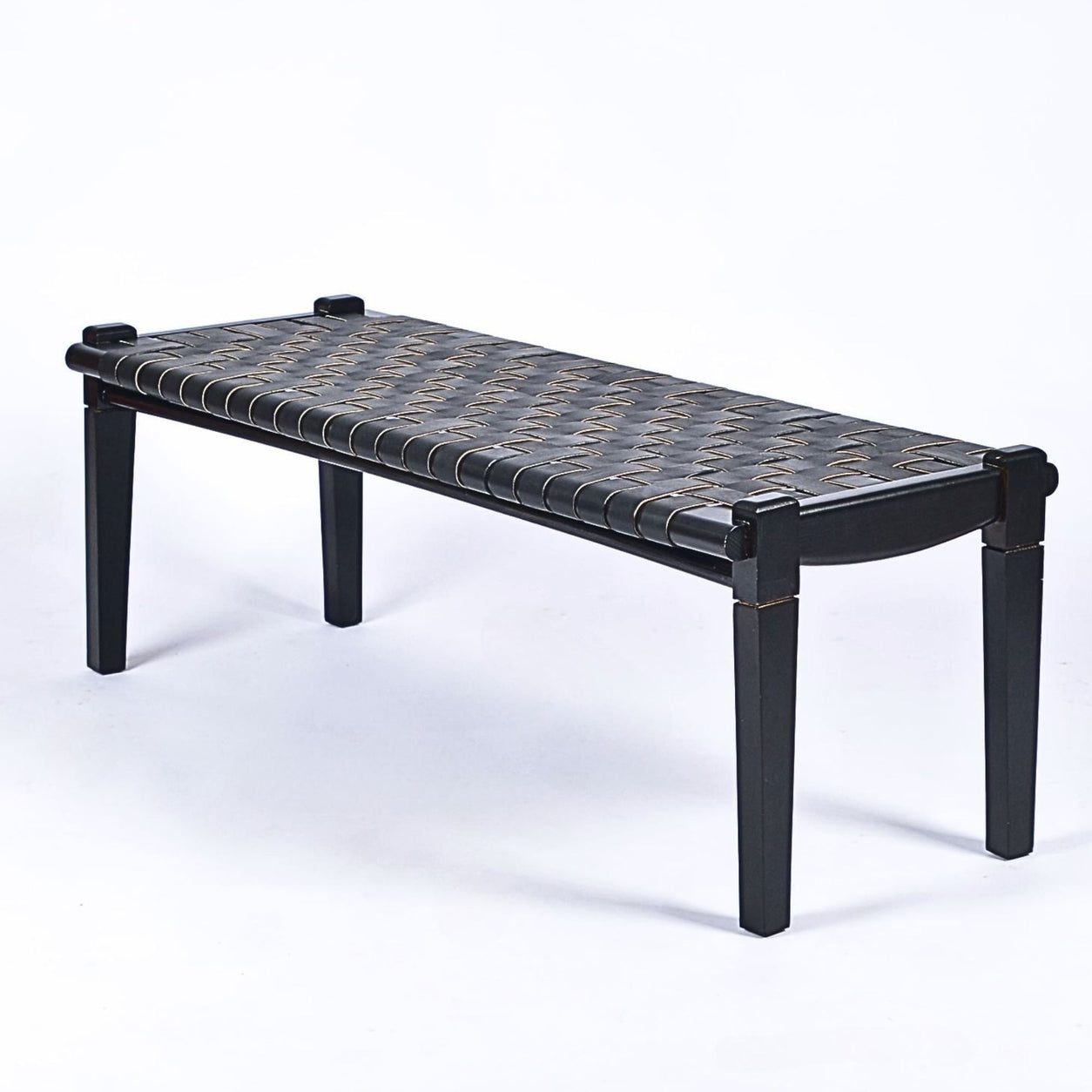 Solveig Woven Leather Bench Black Strap Black Teak Wood - LuxoraCraft
