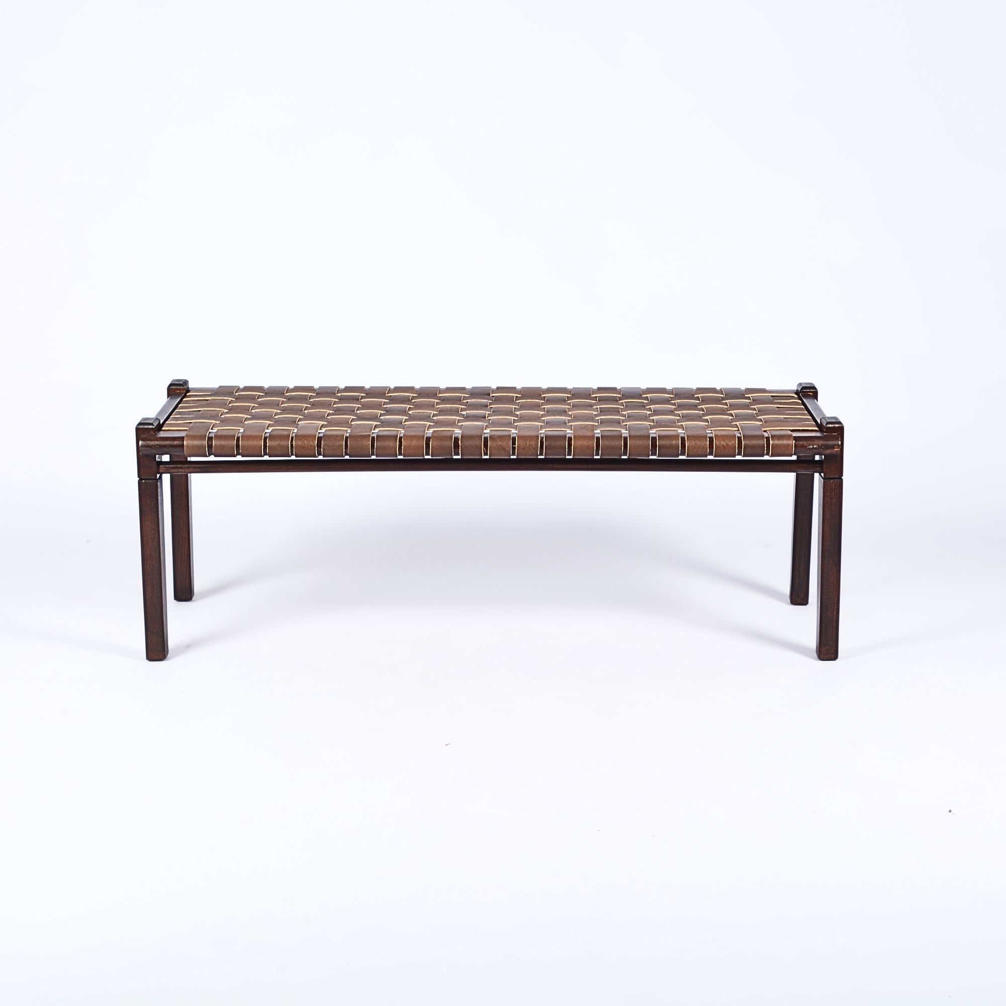 Solveig Woven Brown Leather Bench Brown Teak Wood Side - LuxoraCraft