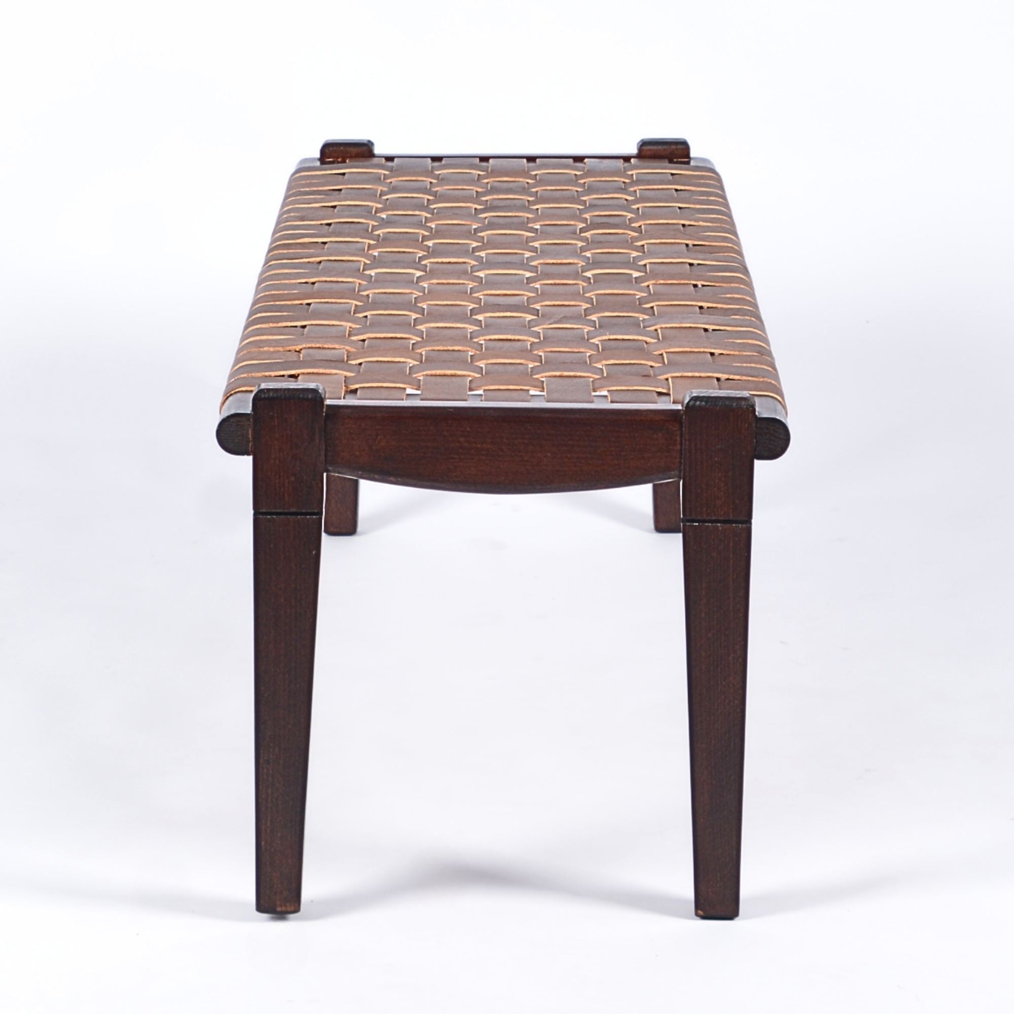 Solveig Brown Strap Leather Bench Brown Teak Handcrafted - LuxoraCraft