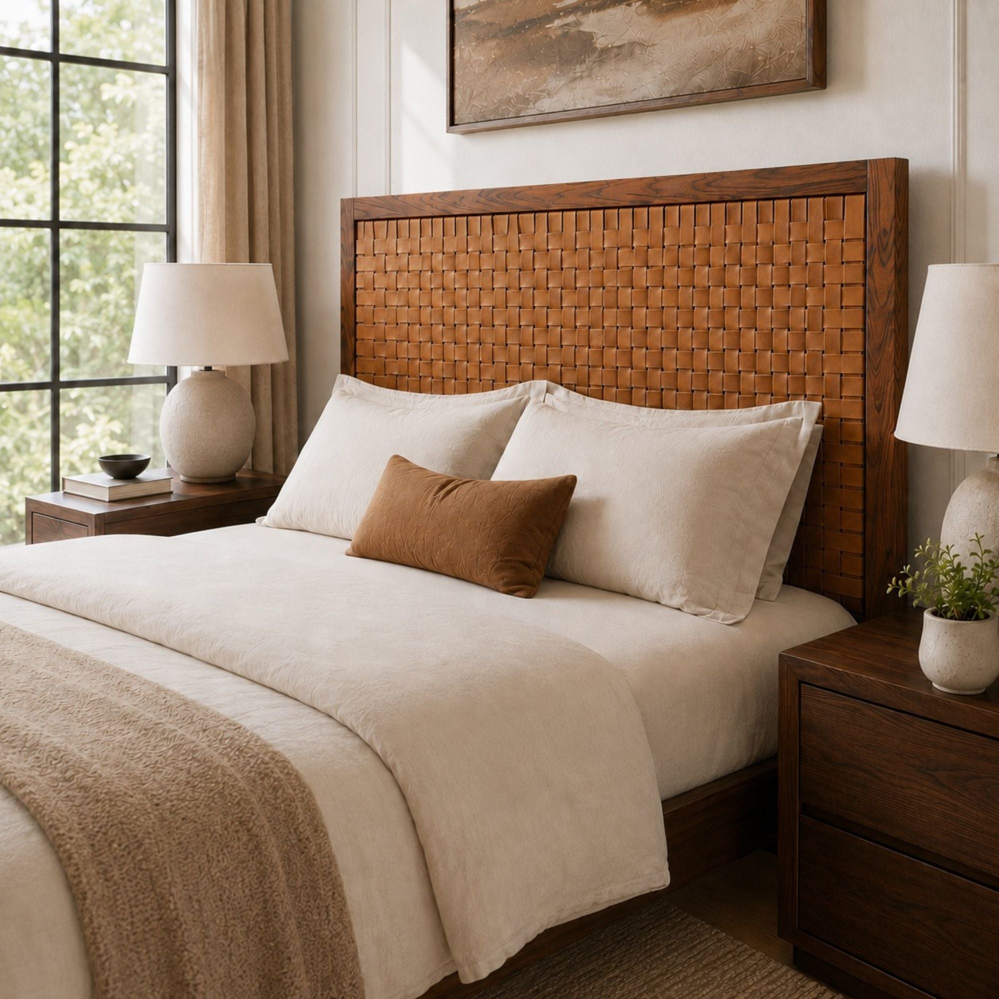 Handcrafted Walnut Headboard with Full-Grain Leather Straps