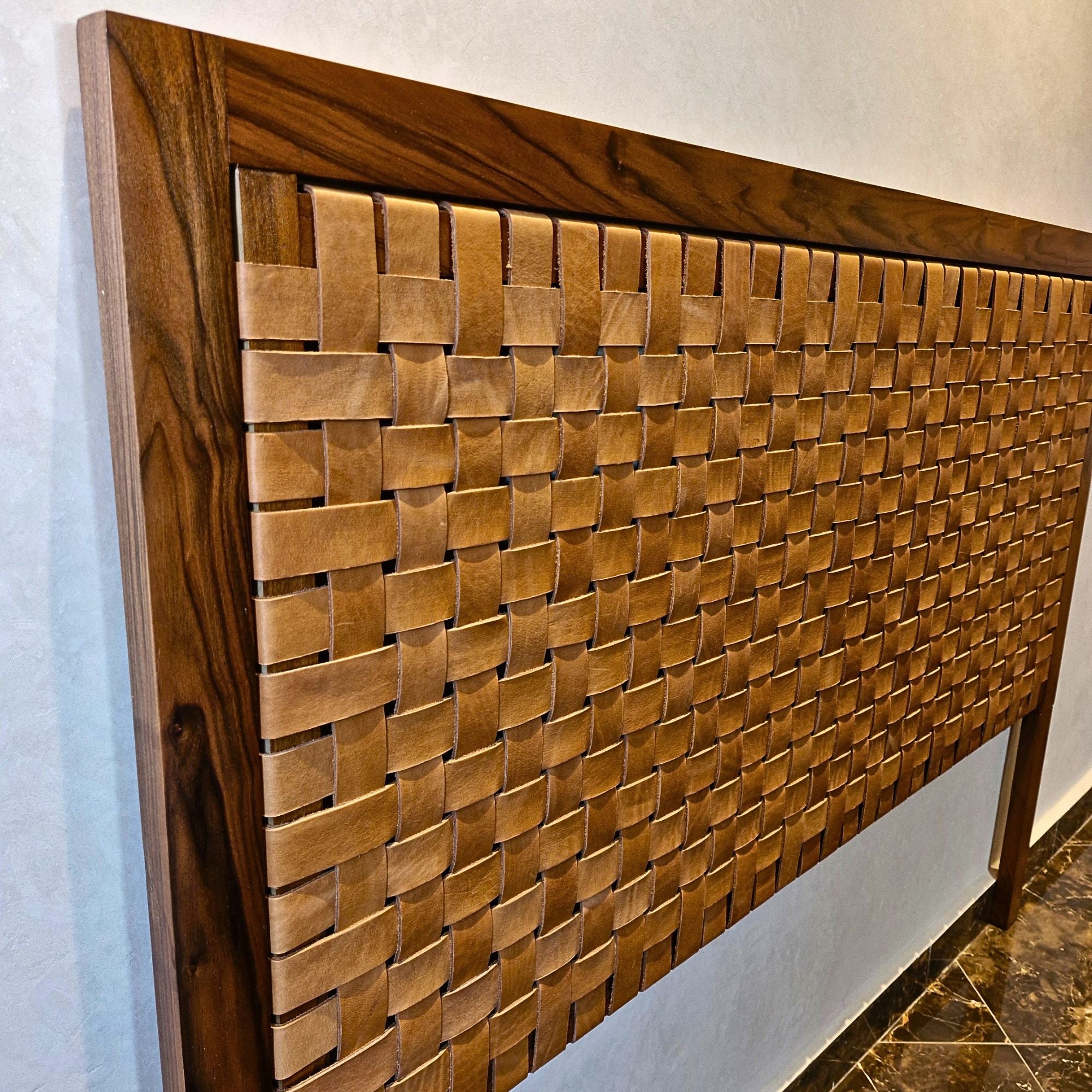 Handcrafted Walnut Headboard with Full-Grain Leather Straps