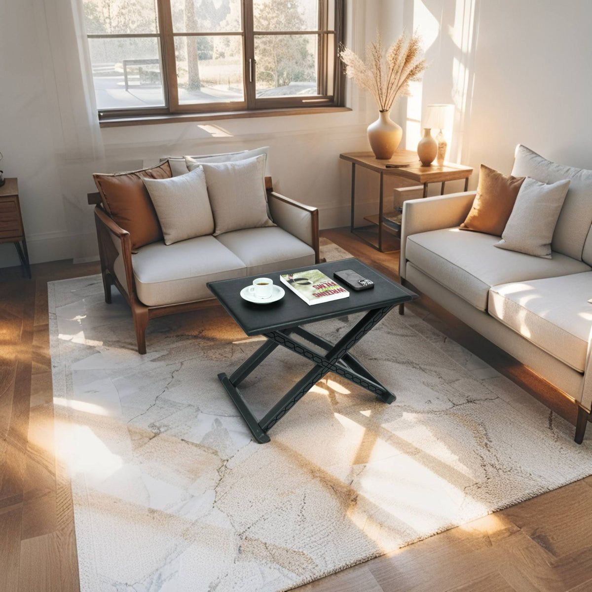 Black X Stool Coffee Table Detail Leather Design - LuxoraCraft