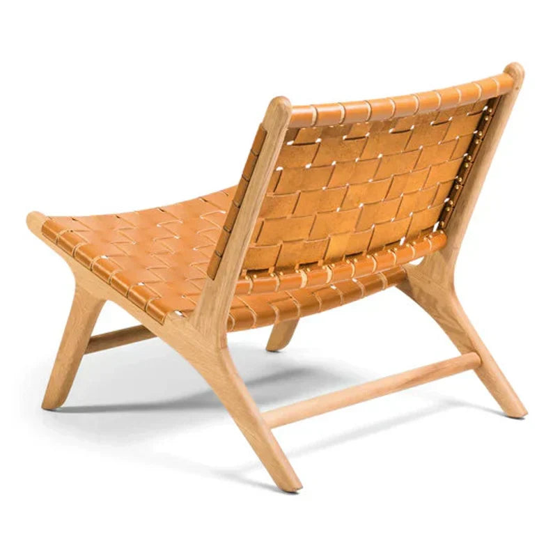 Cognac Woven Leather Chair Side View Teak Wood Moroccan - LuxoraCraft