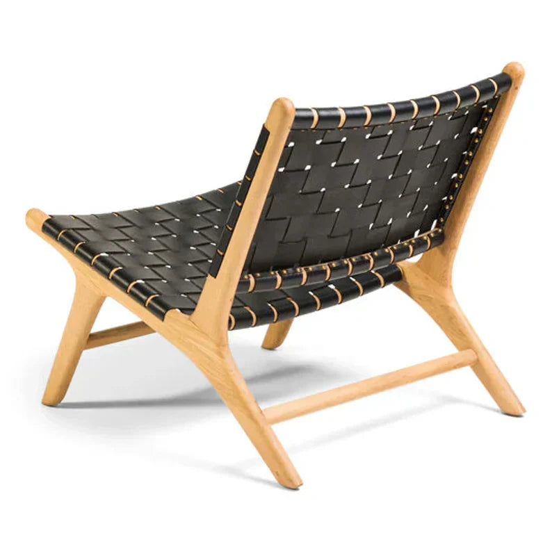 Black Woven Leather Chair Side View Teak Wood Moroccan - LuxoraCraft