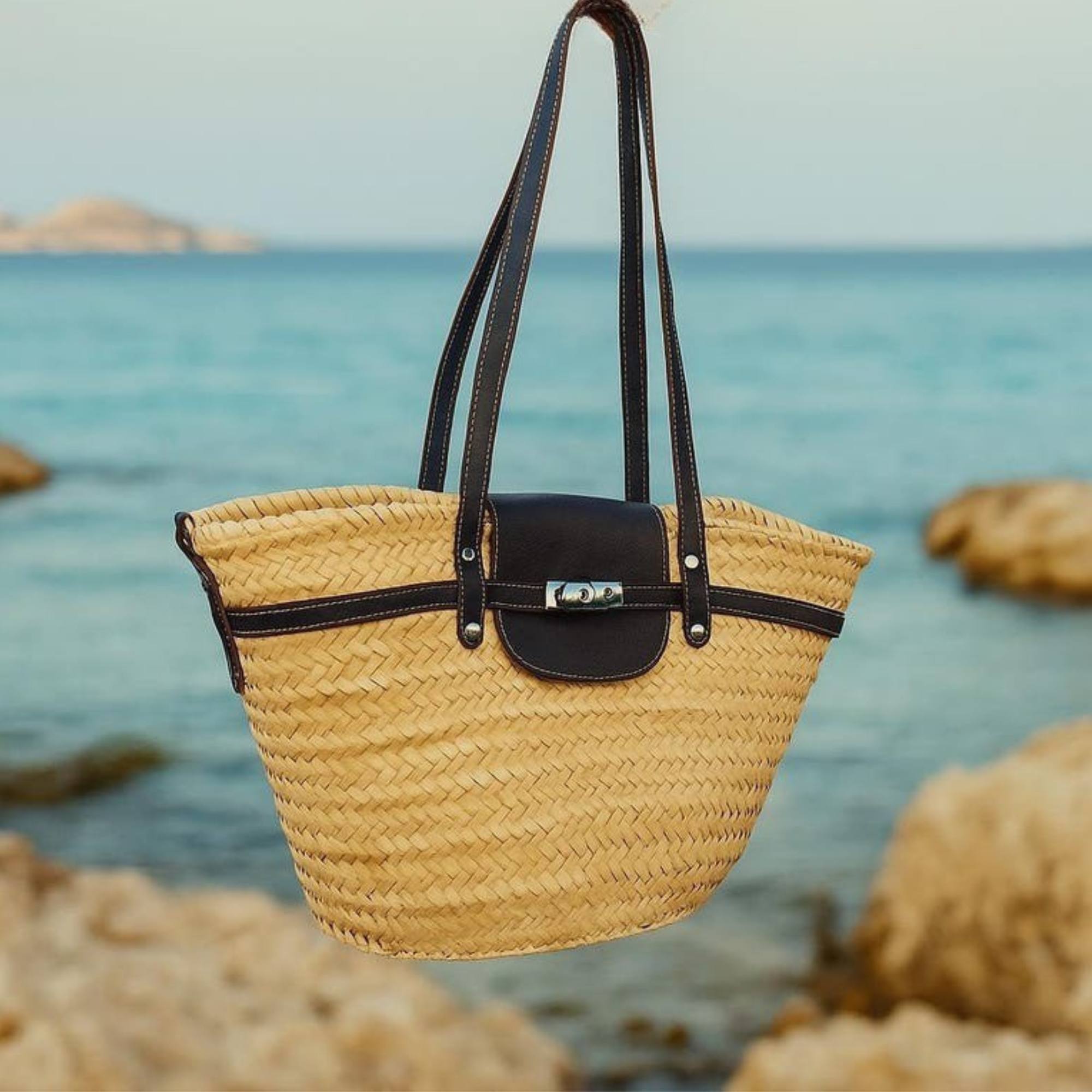 Woven Palm Leaf Beach Bag Side View Leather Straps Morocco - LuxoraCraft
