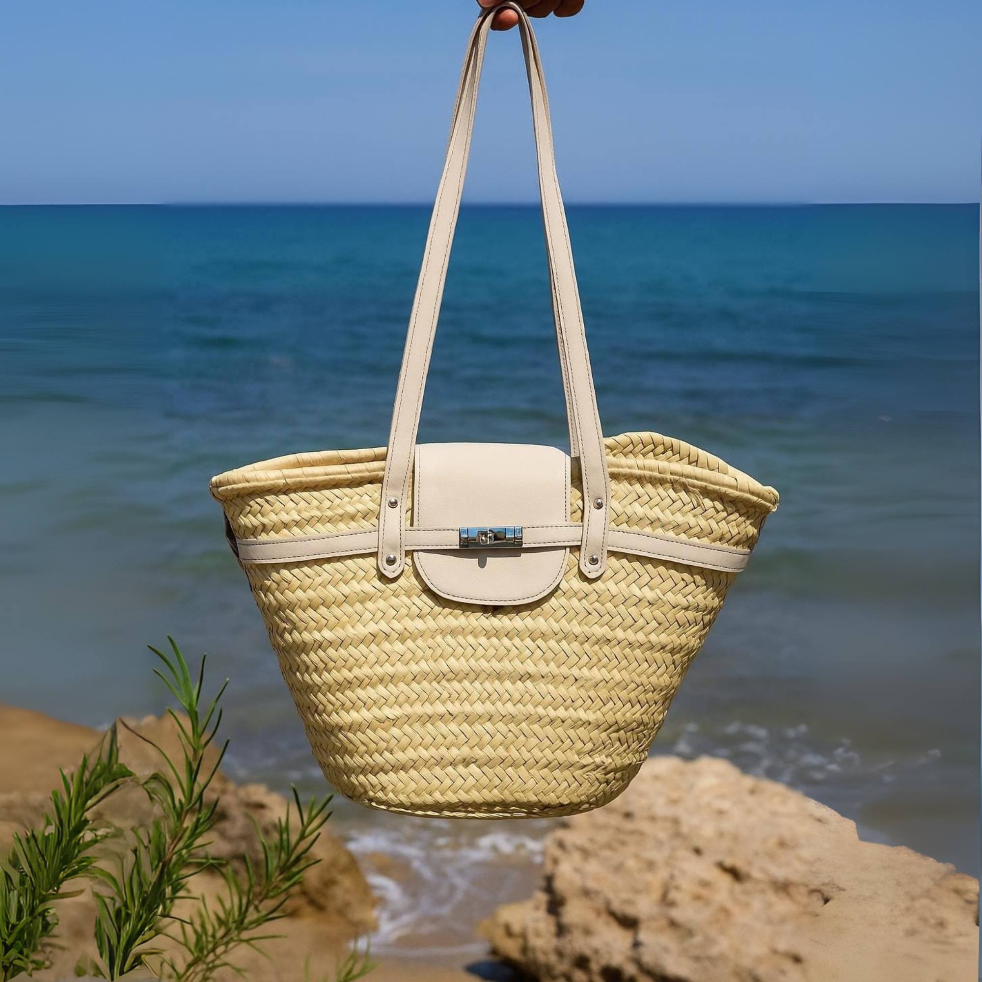 Palm Leaf French Straw Basket Leather Straps Front View - LuxoraCraft