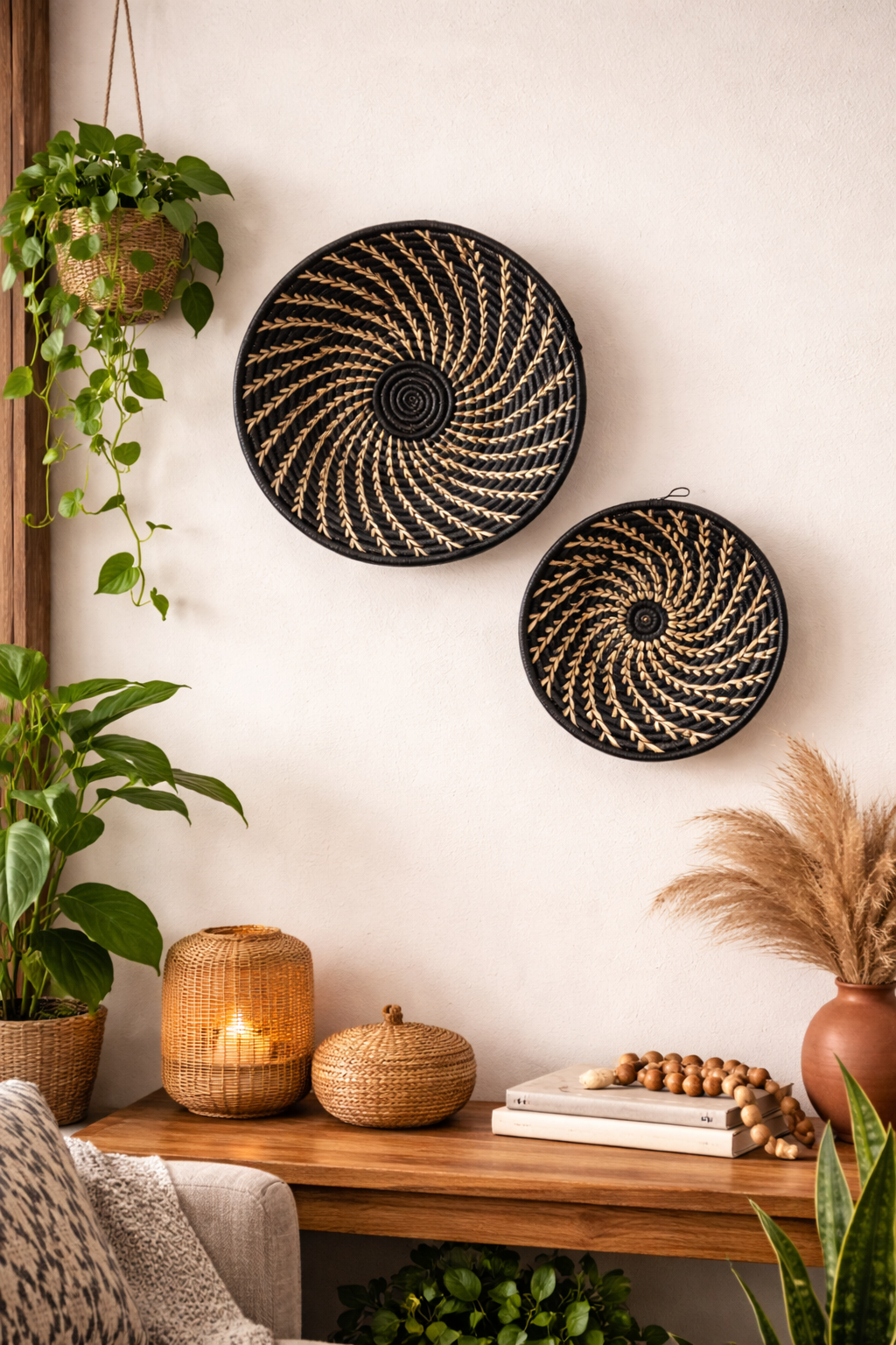 Black White Woven African Wall Storage Baskets Set of 2 Reflektion Design