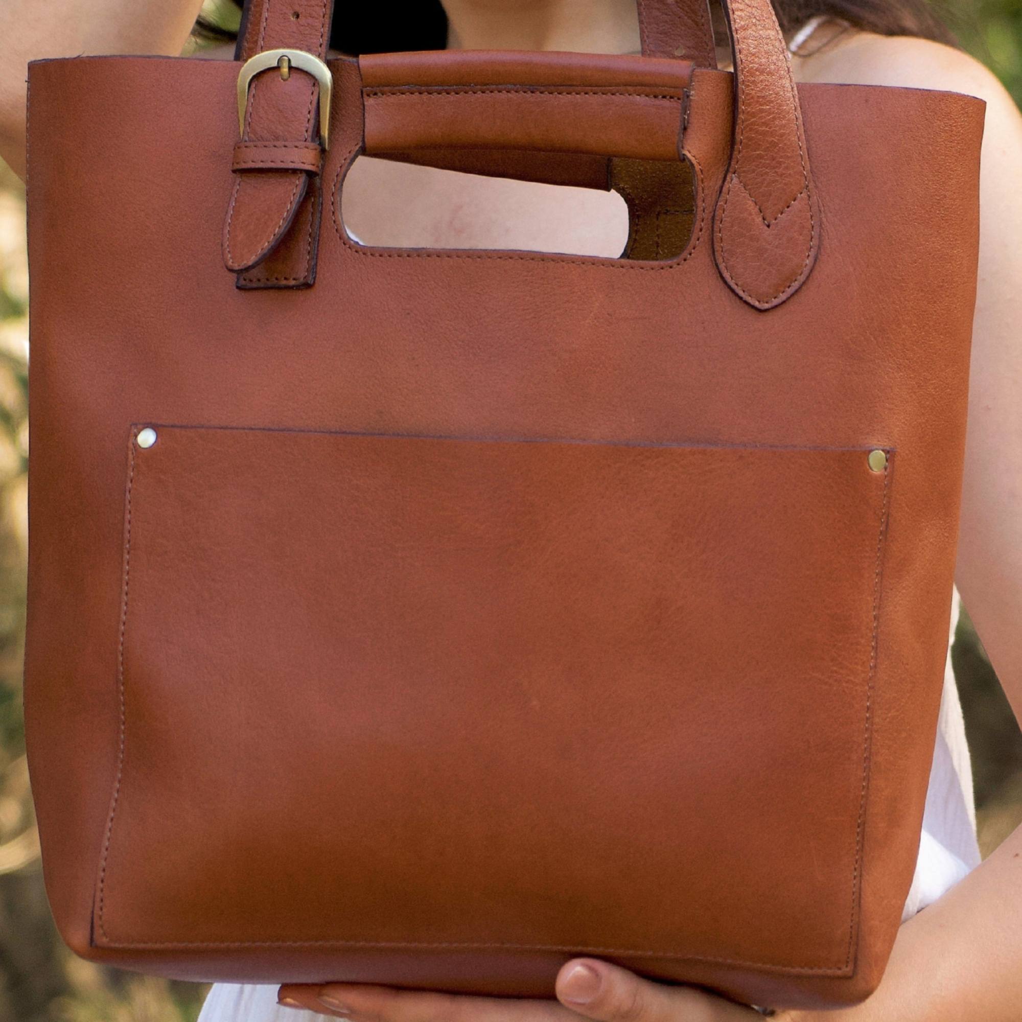 Brown Full Grain Leather Tote Bag Detail View Artisan - LuxoraCraft