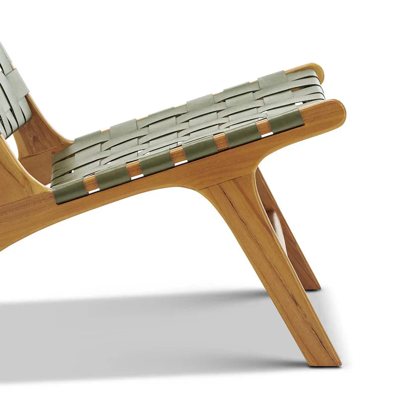 Olive Green Woven Leather Lounge Chair Teak Wood - LuxoraCraft