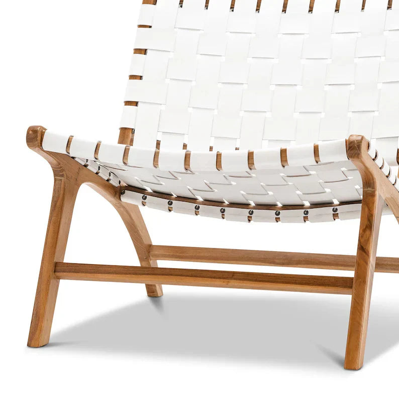 White Woven Leather Lounge Chair Teak Wood Front View - LuxoraCraft