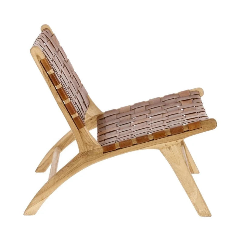 Brown Woven Leather Lounge Chair Teak Wood - LuxoraCraft