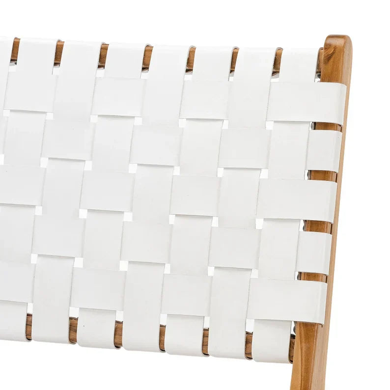 White Woven Leather Lounge Chair Teak Wood Angle View - LuxoraCraft