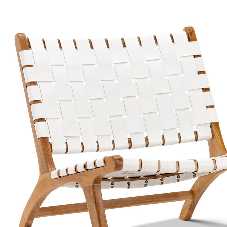 White Woven Leather Lounge Chair Teak Wood Side View - LuxoraCraft