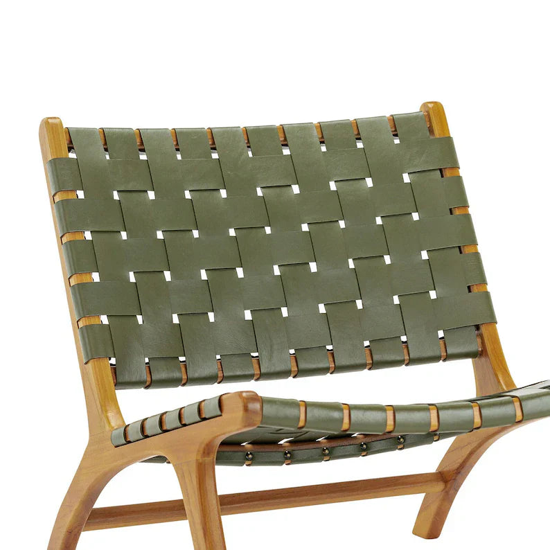 Olive Green Woven Leather Lounge Chair Teak Wood Side View - LuxoraCraft