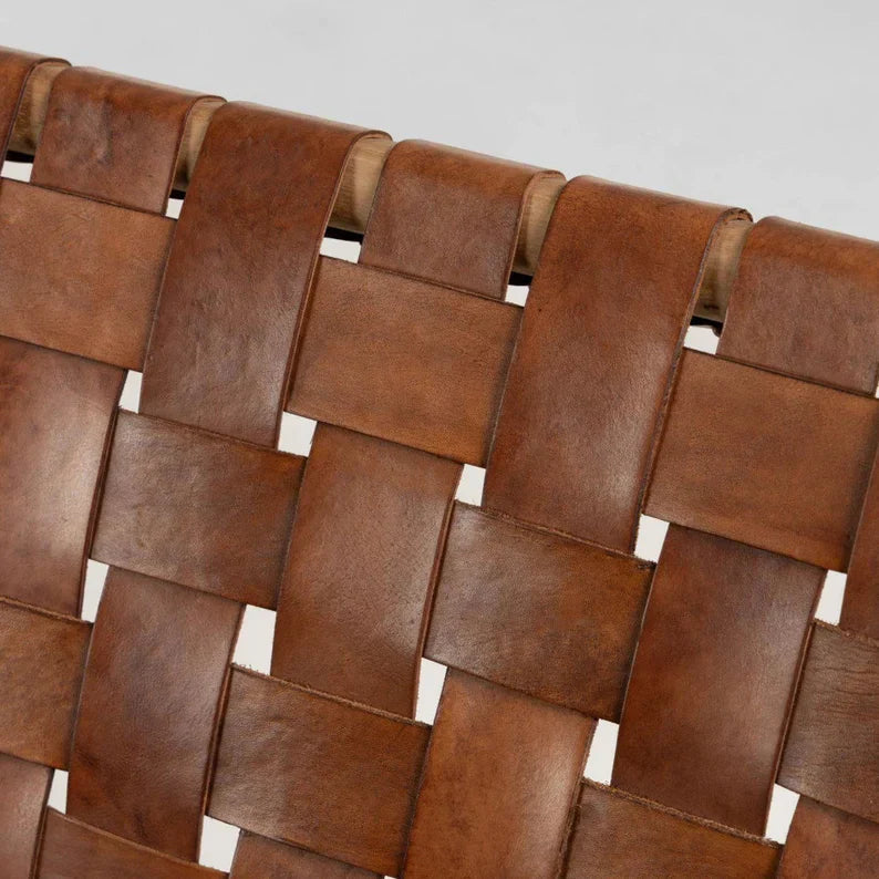 Brown Woven Leather Lounge Chair Teak Wood Front View - LuxoraCraft