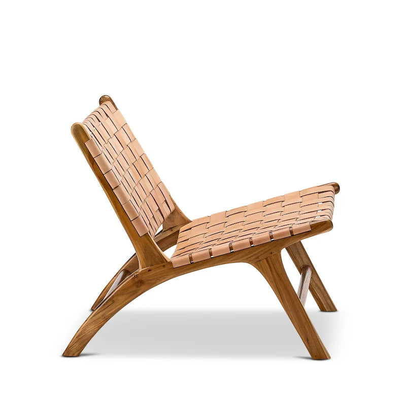 Tan Woven Leather Chair Side View Teak Wood Moroccan - LuxoraCraft