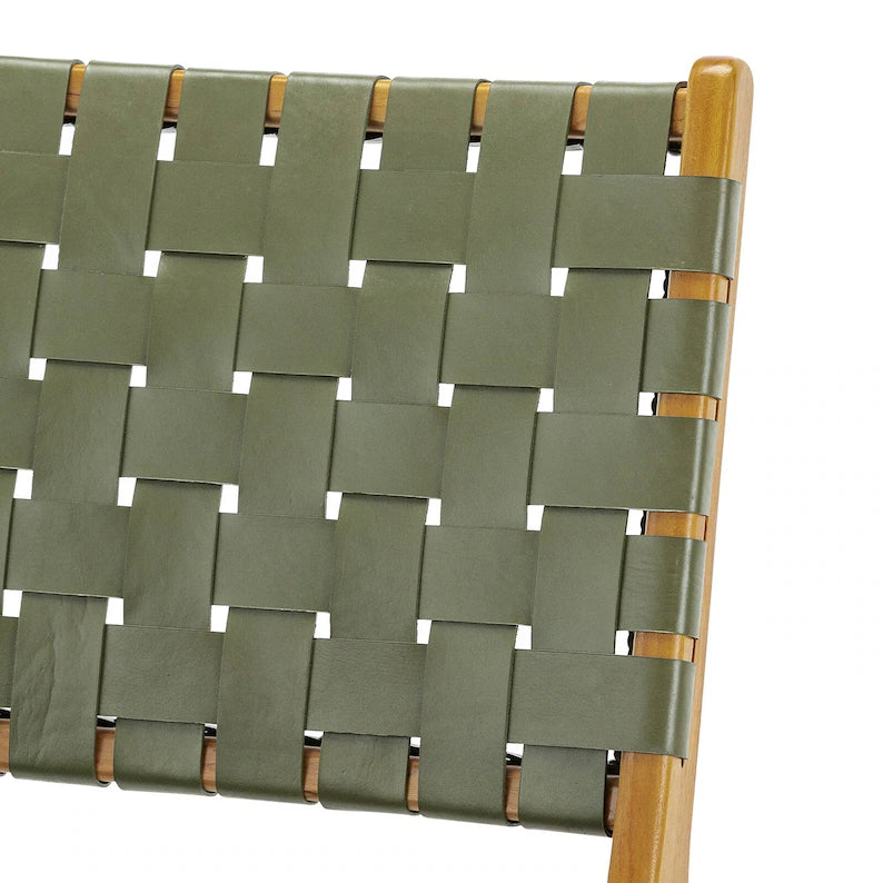 Olive Green Woven Leather Lounge Chair Teak Wood Front View - LuxoraCraft