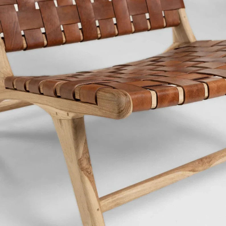 Brown Woven Leather Lounge Chair Teak Wood Side View - LuxoraCraft