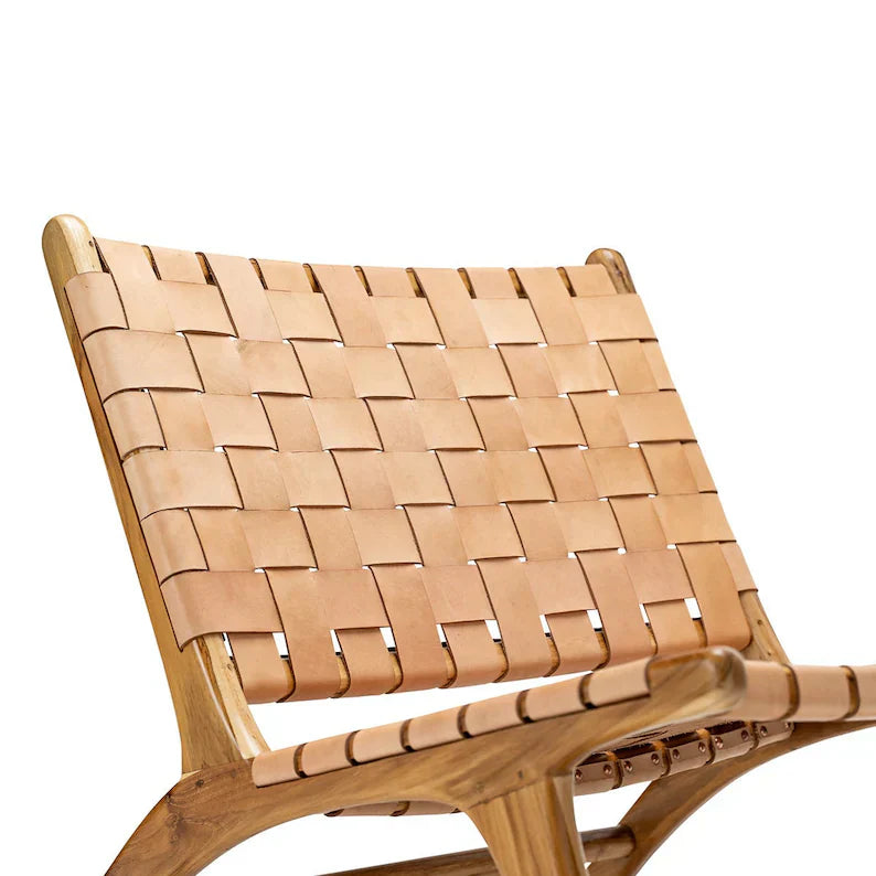 Tan Woven Leather Lounge Chair Teak Wood - LuxoraCraft