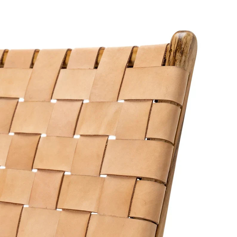Tan Woven Leather Lounge Chair Teak Wood Side View - LuxoraCraft