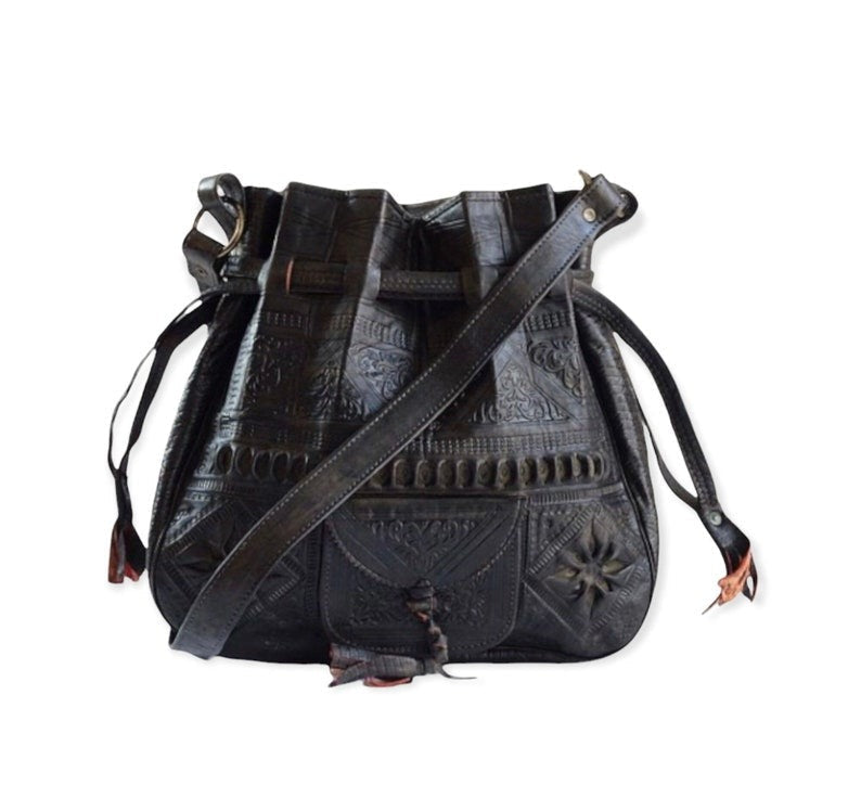 Leather Boho Tote Bag Side View Vintage Hippie Style - LuxoraCraft
