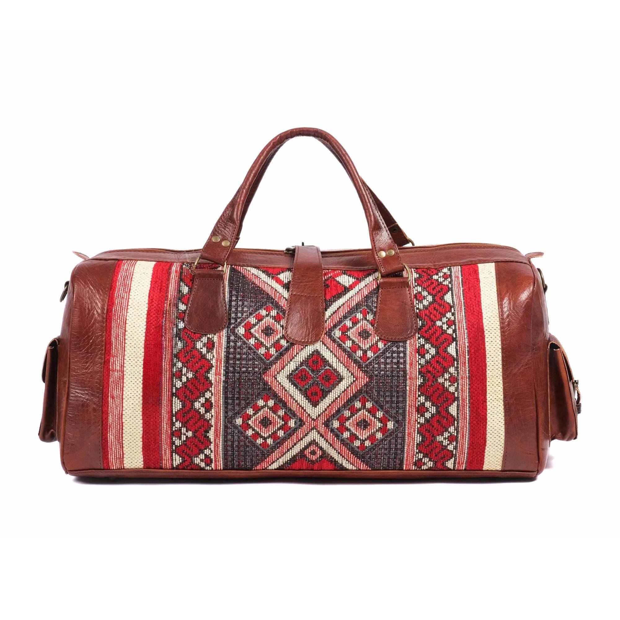 Brown Leather Kilim Travel Duffel Bag Artisan Handcrafted - LuxoraCraft