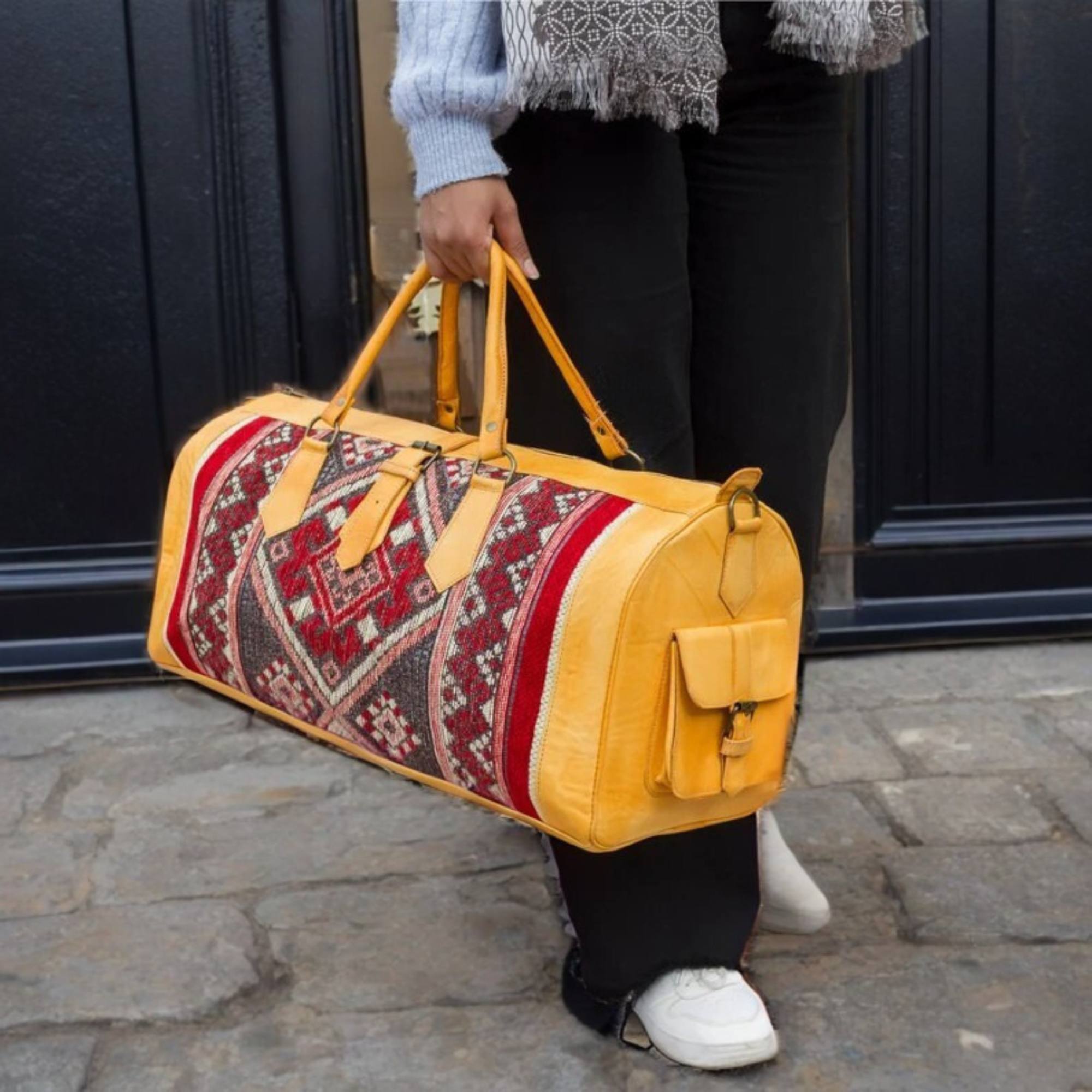 Mustard Leather Kilim Travel Duffel Bag Handcrafted Moroccan - LuxoraCraft