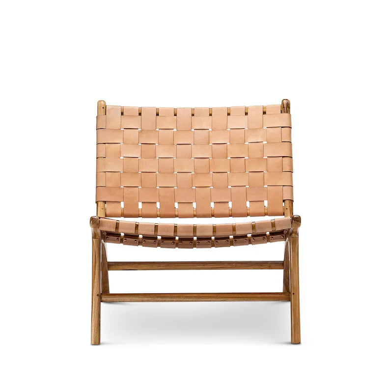 Tan Woven Leather Lounge Chair Teak Wood Front View - LuxoraCraft