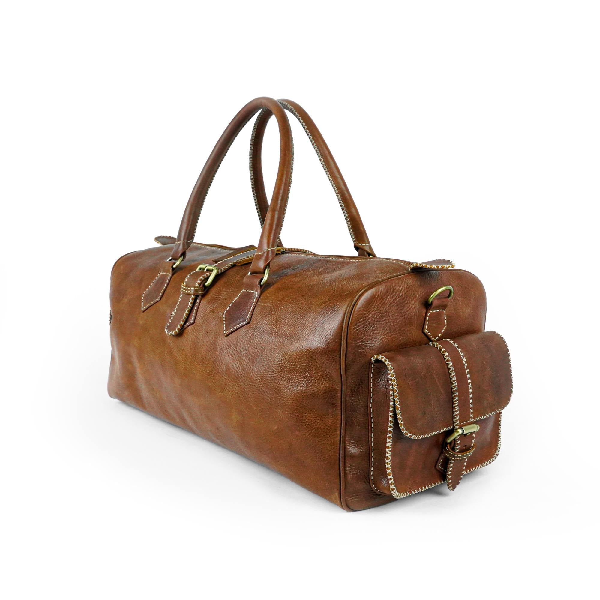 Brown Hand-Stitched Leather Travel Bag Vintage Design