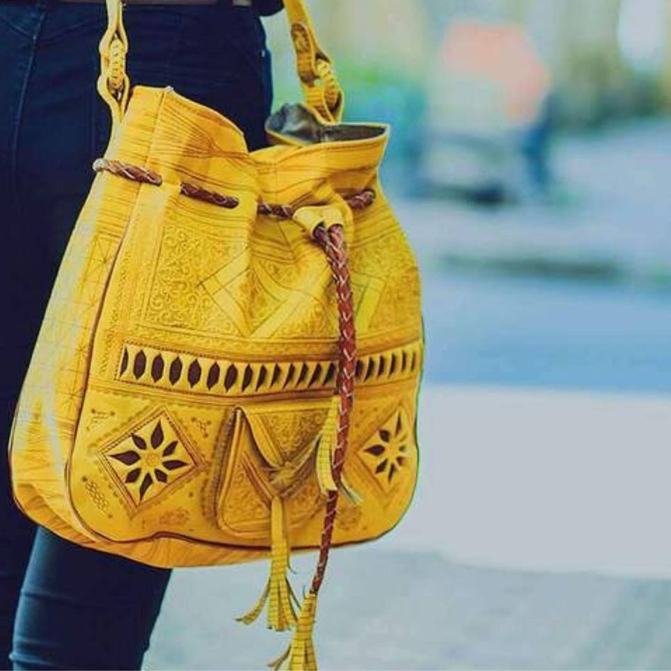 Yellow Genuine Leather Handbag Moroccan Artisan Boho Style - LuxoraCraft