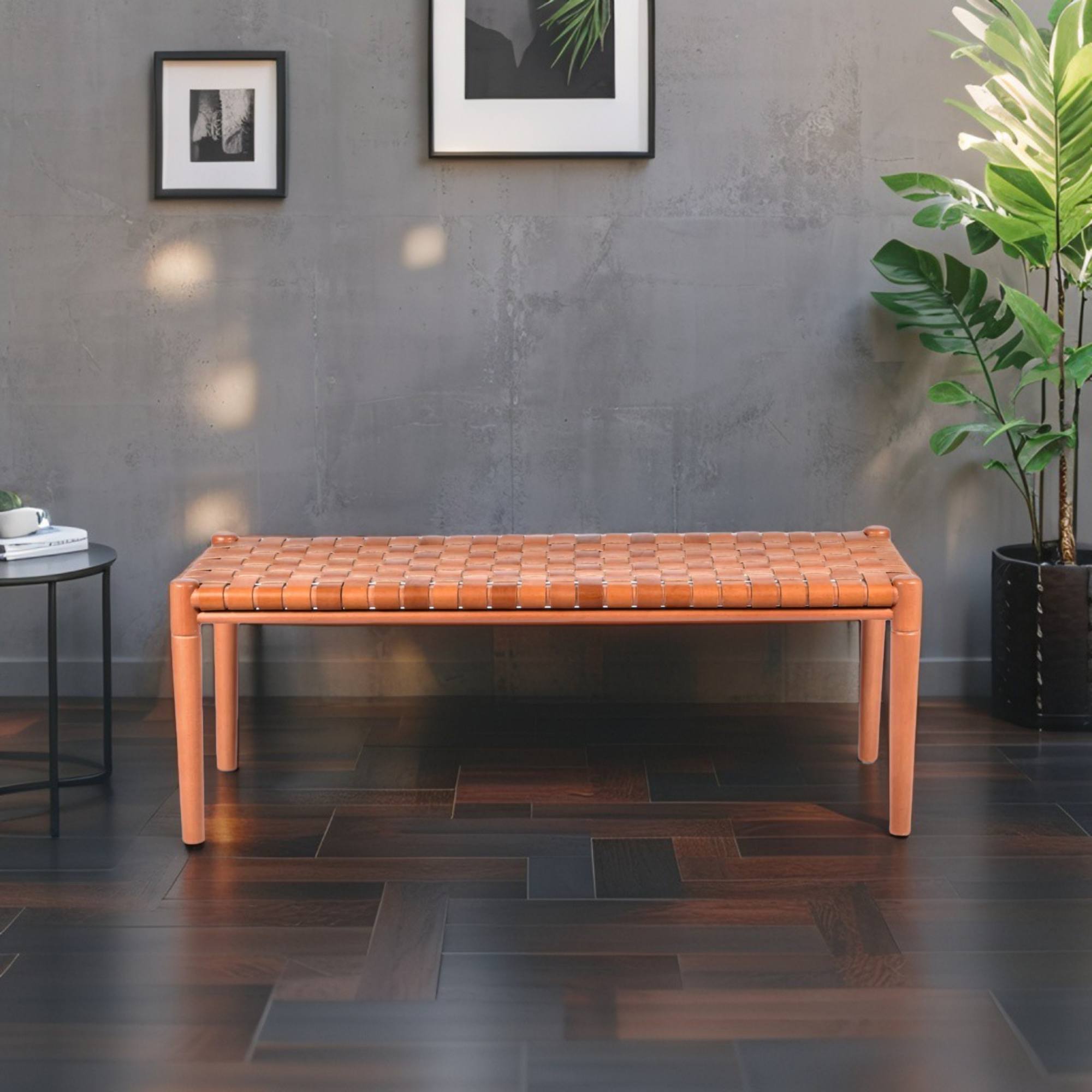 Woven Leather Bench – Brown Cognac Strap Leather Seat on Cognac Teak Wood Frame