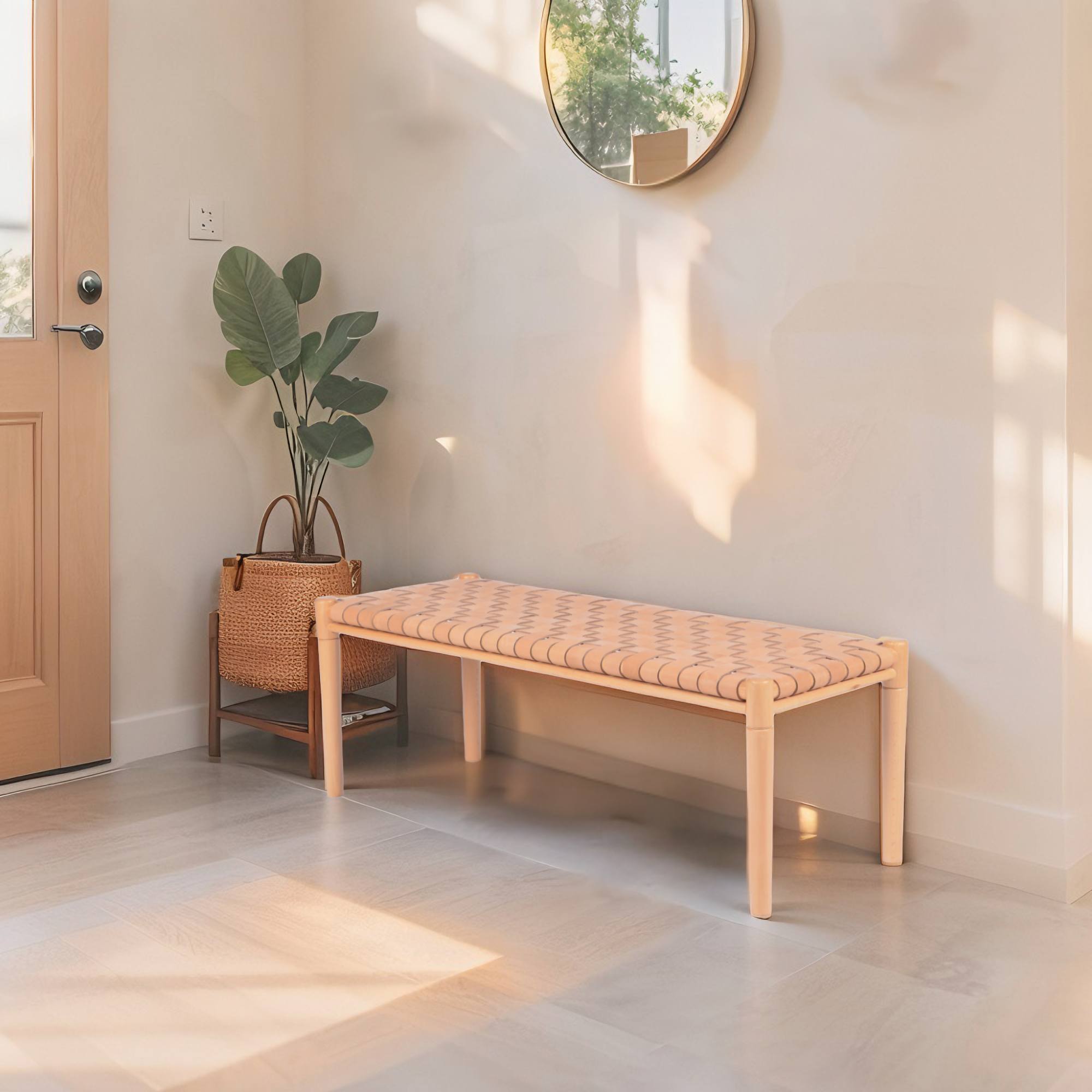 Woven Leather Bench – Beige Strap Leather Seat on Varnished Teak Wood Framer