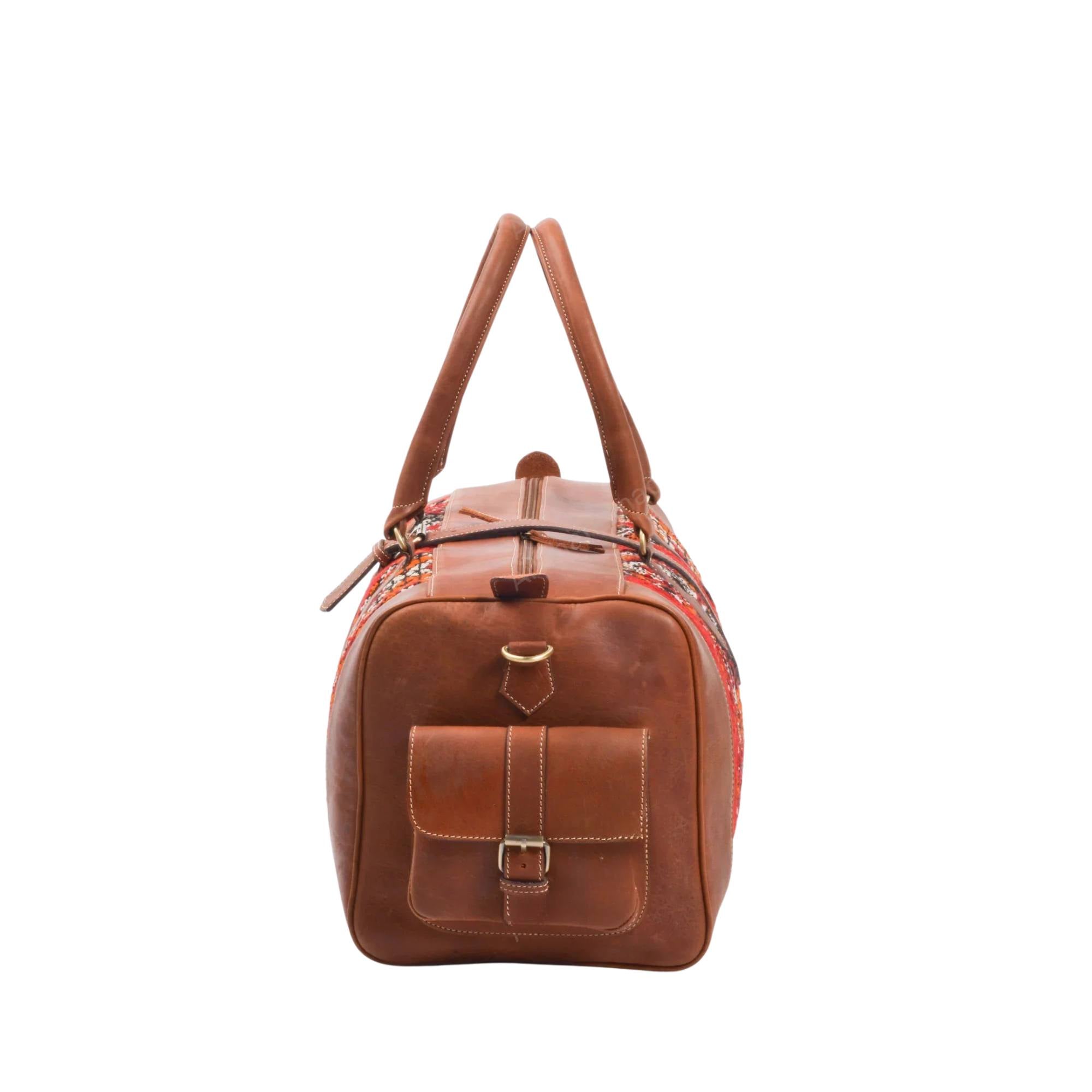 Brown Kilim Duffel Bag Front View Moroccan Style Artisan - LuxoraCraft
