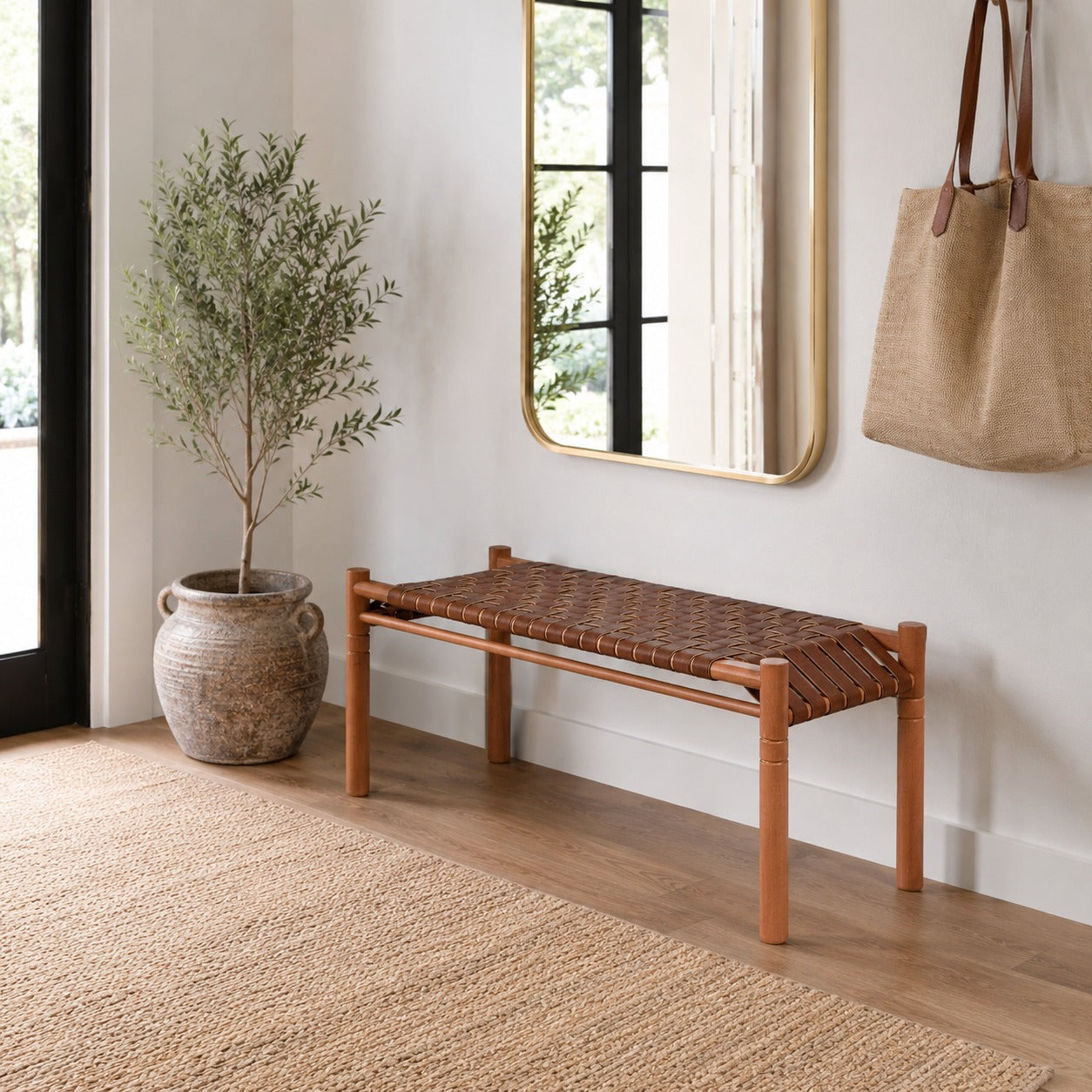 Woven Leather Bench – Brown Cognac Strap Leather Seat on Cognac Teak Wood Frame