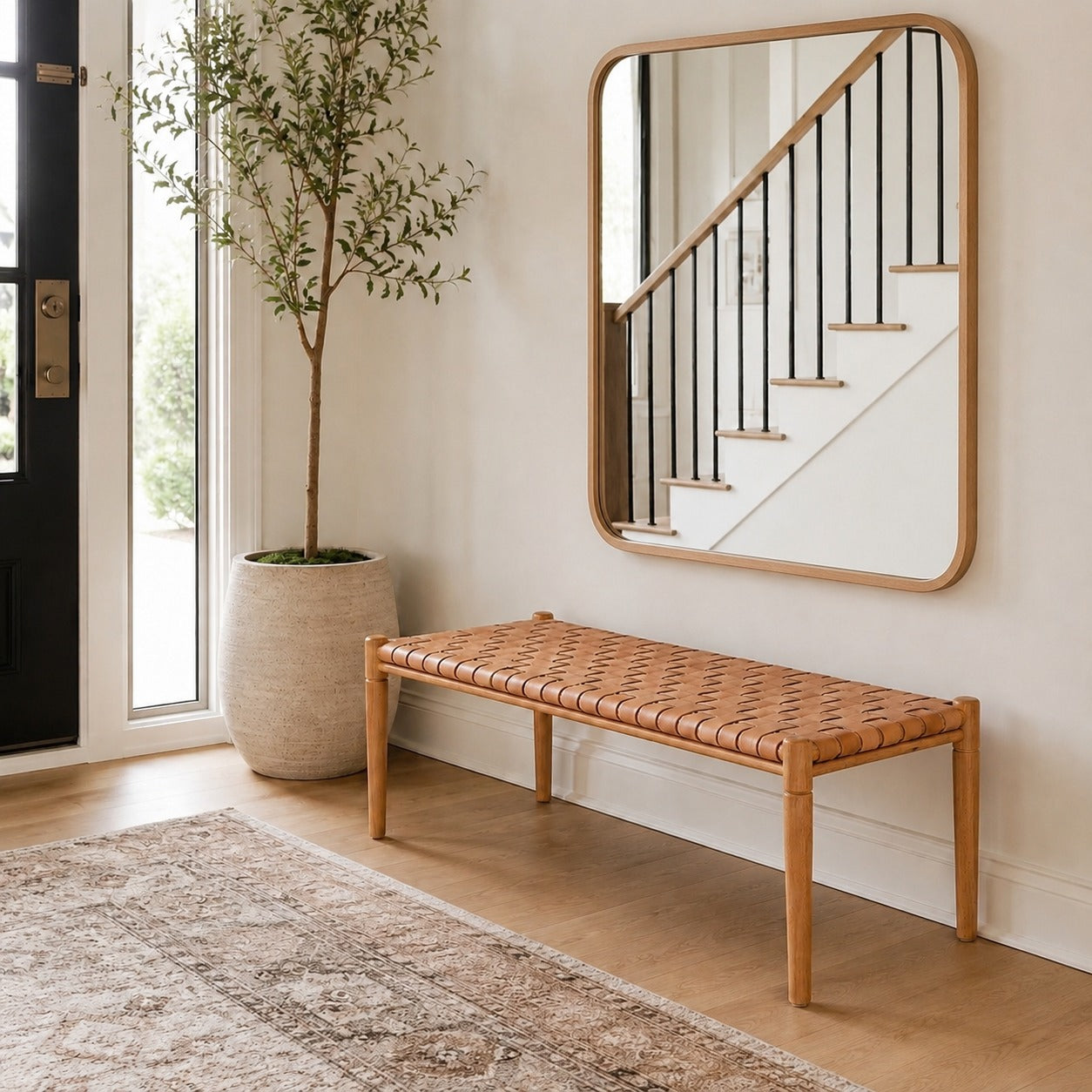 Woven Leather Bench – Beige Strap Leather Seat on Varnished Teak Wood Framer