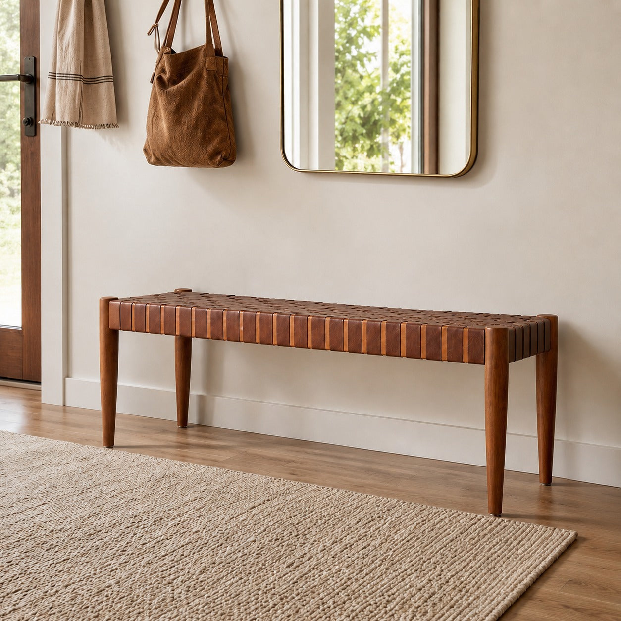 Customizable Woven Leather Bench – Choose Your Wood Finish and Tanned Leather Color