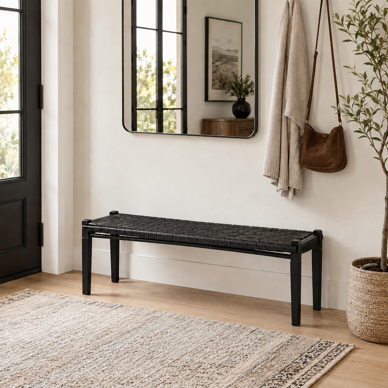 Woven Leather Bench – Black Strap Leather Seat on Black Teak Wood Frame