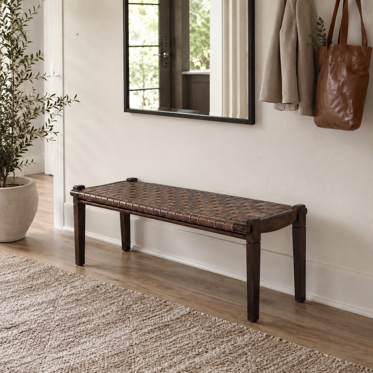 Woven Leather Bench – Brown Strap Leather Seat on Brown Teak Wood Frame