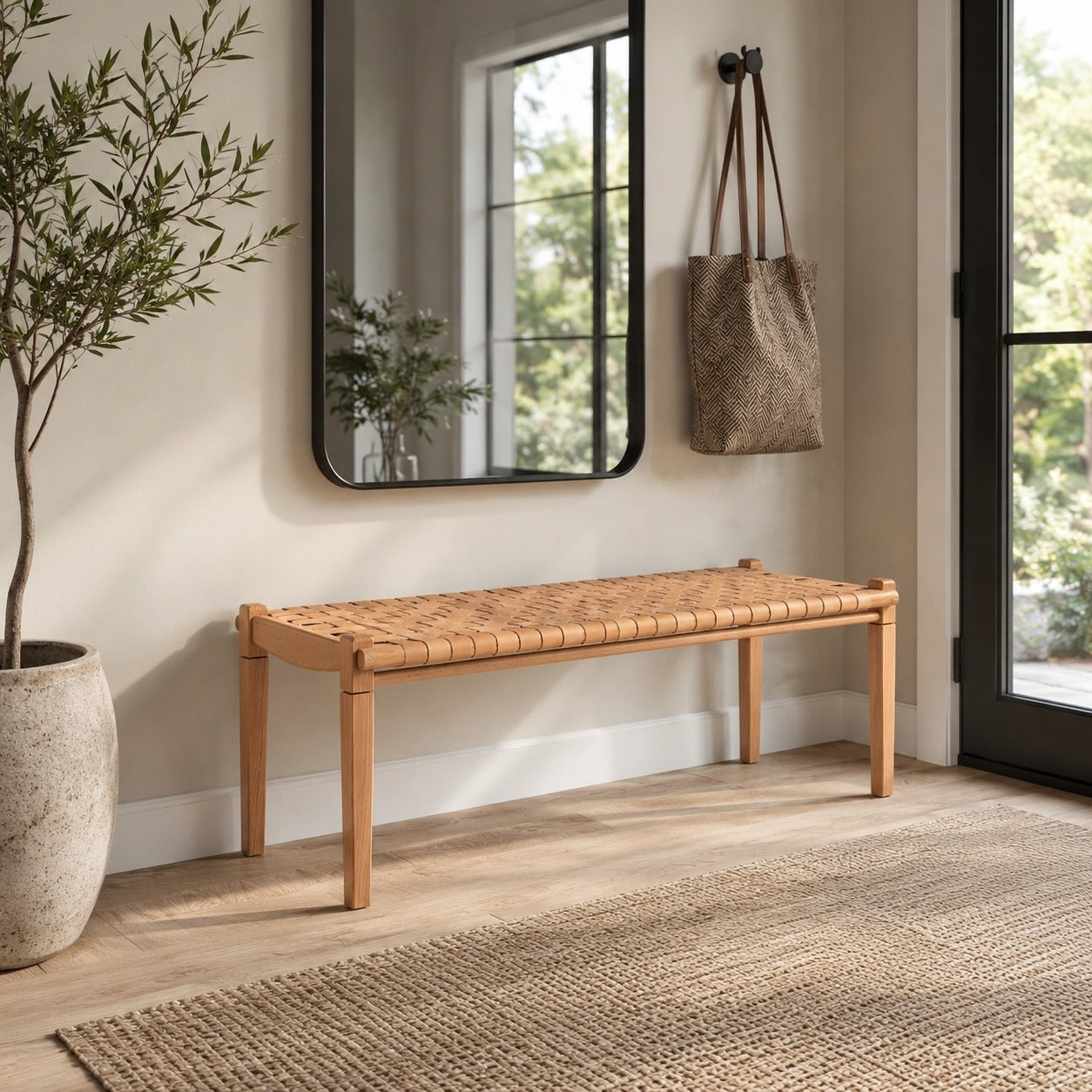 Woven Leather Bench – Beige Strap Leather Seat on Varnished Teak Wood Frame