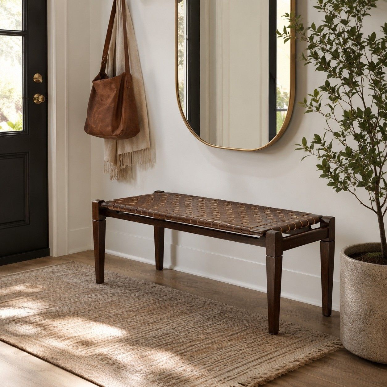 Woven Leather Bench – Brown Strap Leather Seat on Brown Teak Wood Frame