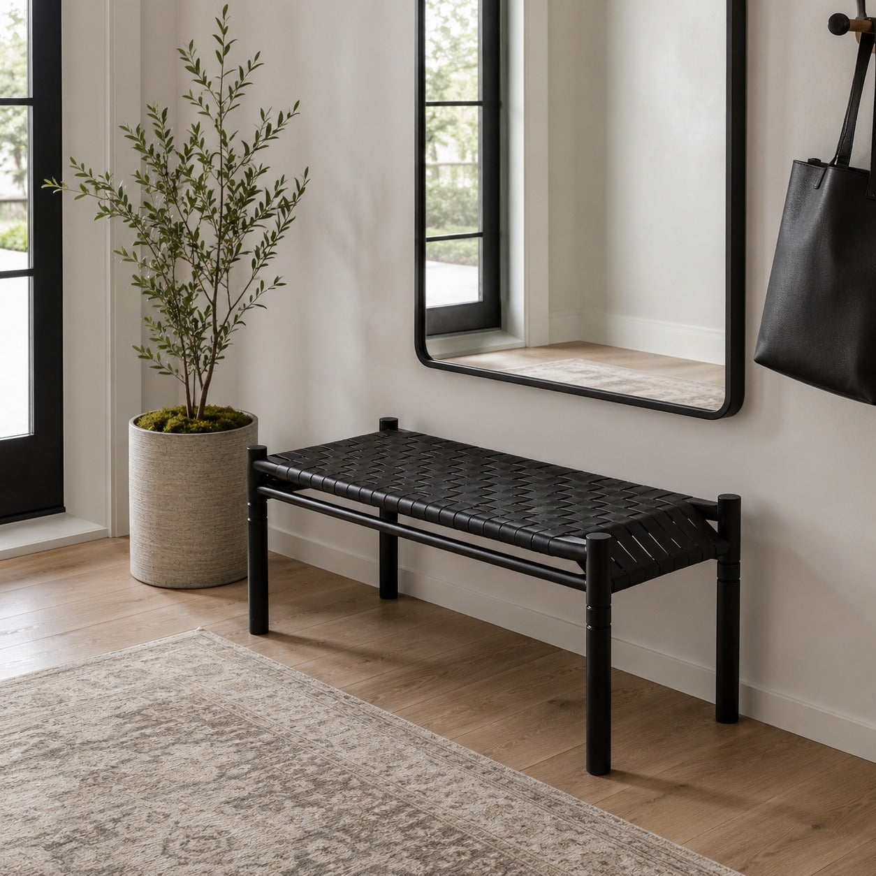 Woven Leather Bench – Black Strap Leather Seat on Black Teak Wood Frame