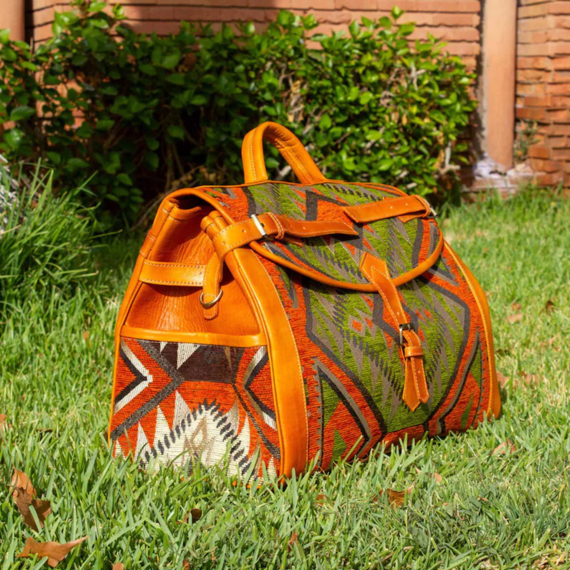 Decorative bag with geometric pattern on grass