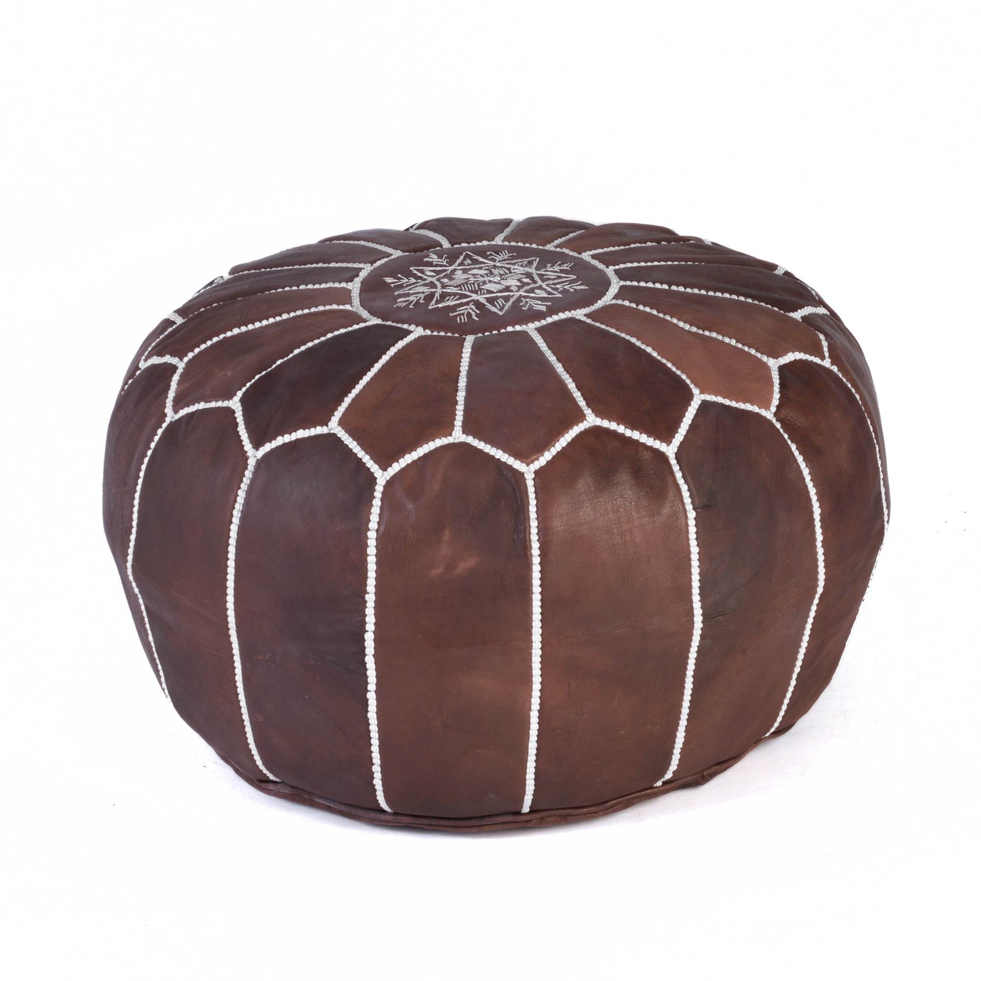 Brown Hand-Stitched Genuine Leather Ottoman Pouf with Embroidery