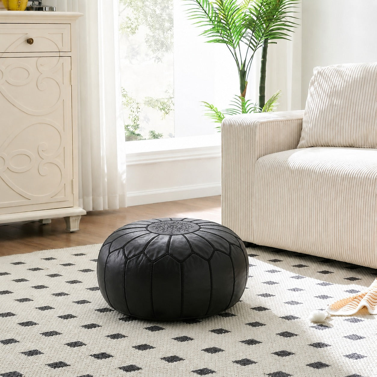 Almond Black Round Moroccan Leather Ottoman Pouf Handmade Embroidered - LuxoraCraft