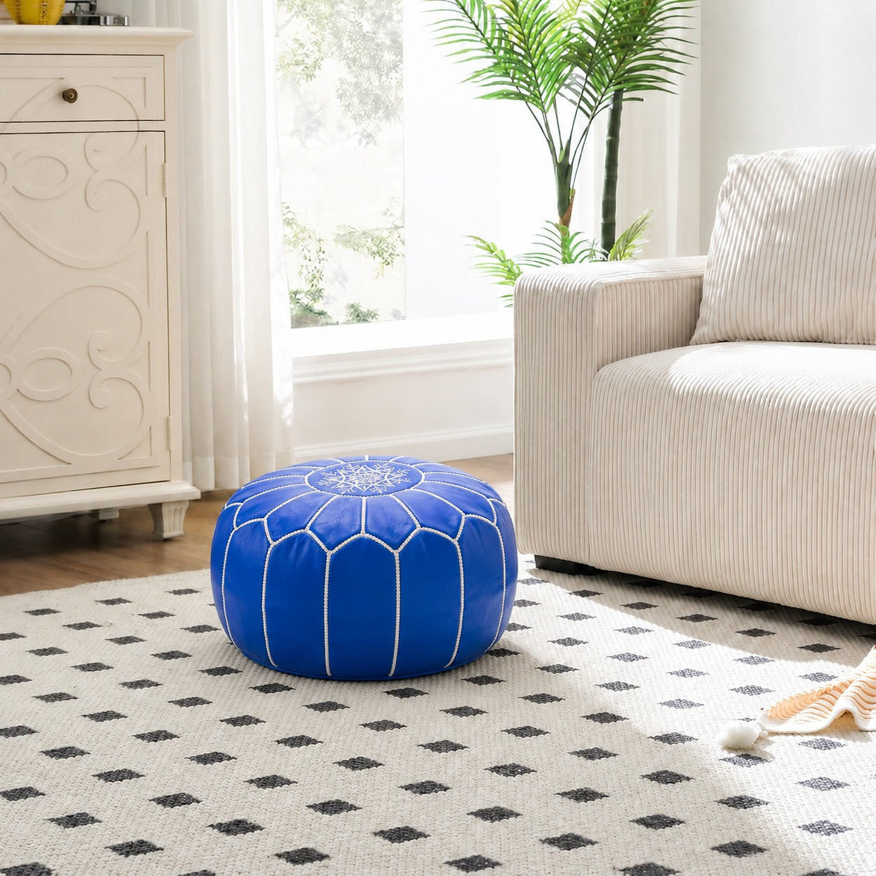 Blue Round Moroccan Leather Ottoman Pouf Handmade Embroidered - LuxoraCraft