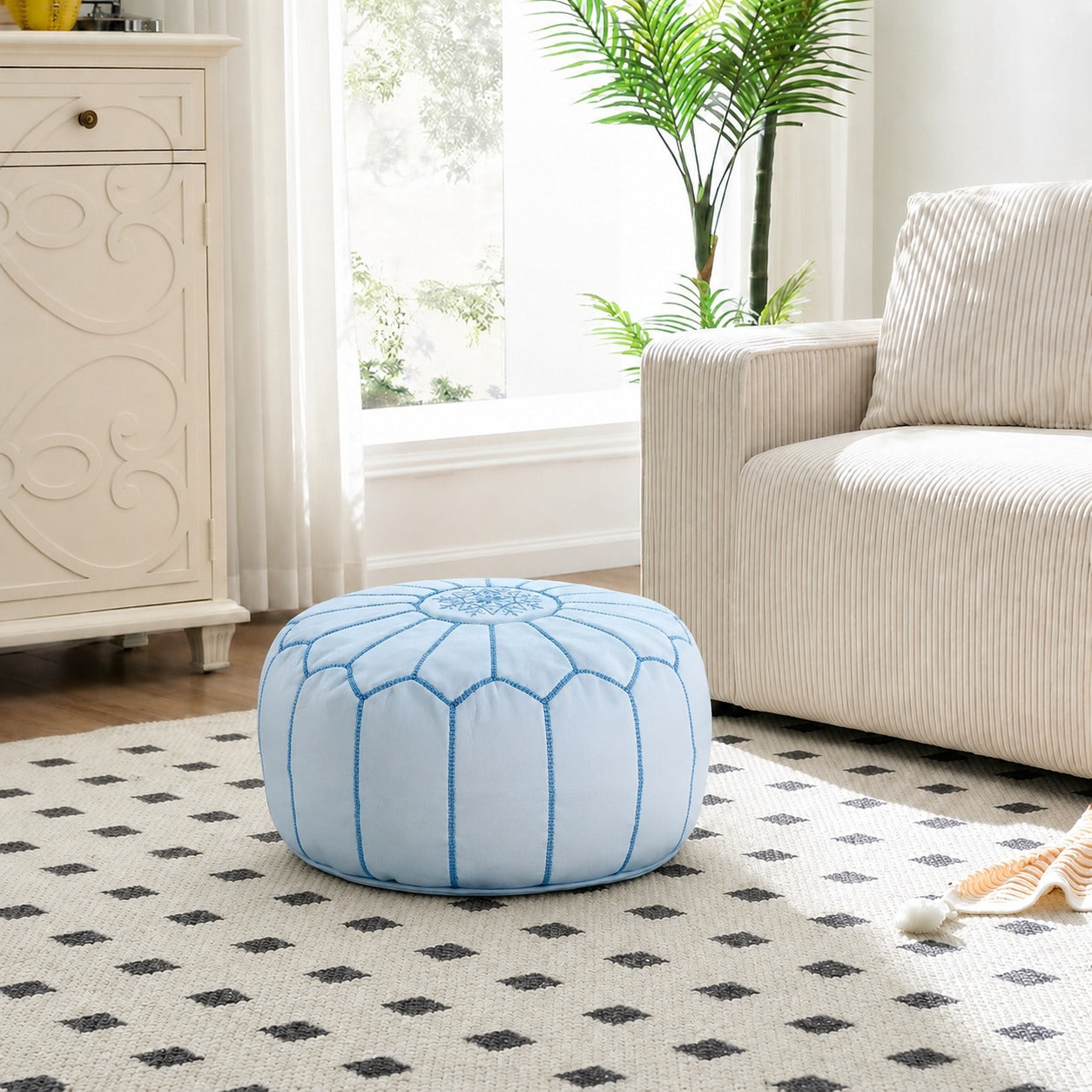 White Turquoise Round Moroccan Leather Ottoman Pouf Handmade Embroidered - LuxoraCraft