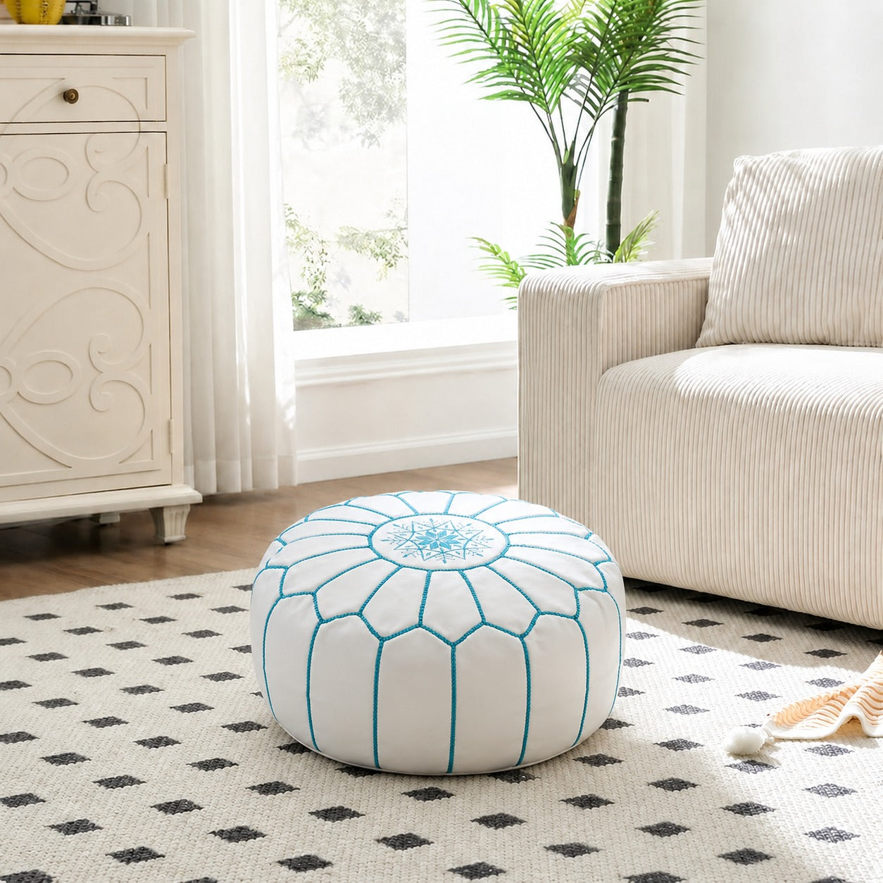 Blue Sky Round Moroccan Leather Ottoman Pouf Handmade Embroidered - LuxoraCraft