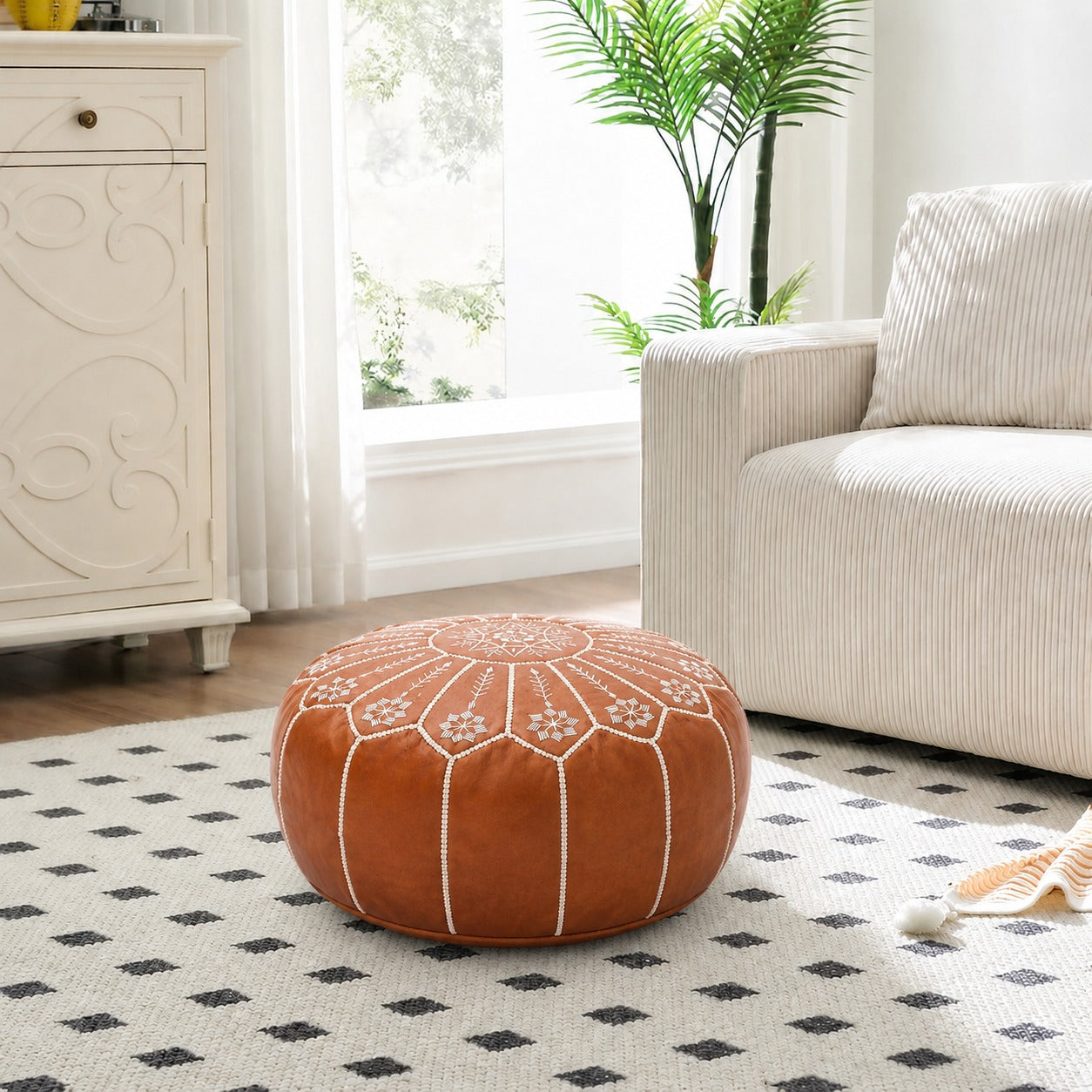 Cognac Round Moroccan Leather Ottoman Pouf Handmade Embroidered - LuxoraCraft
